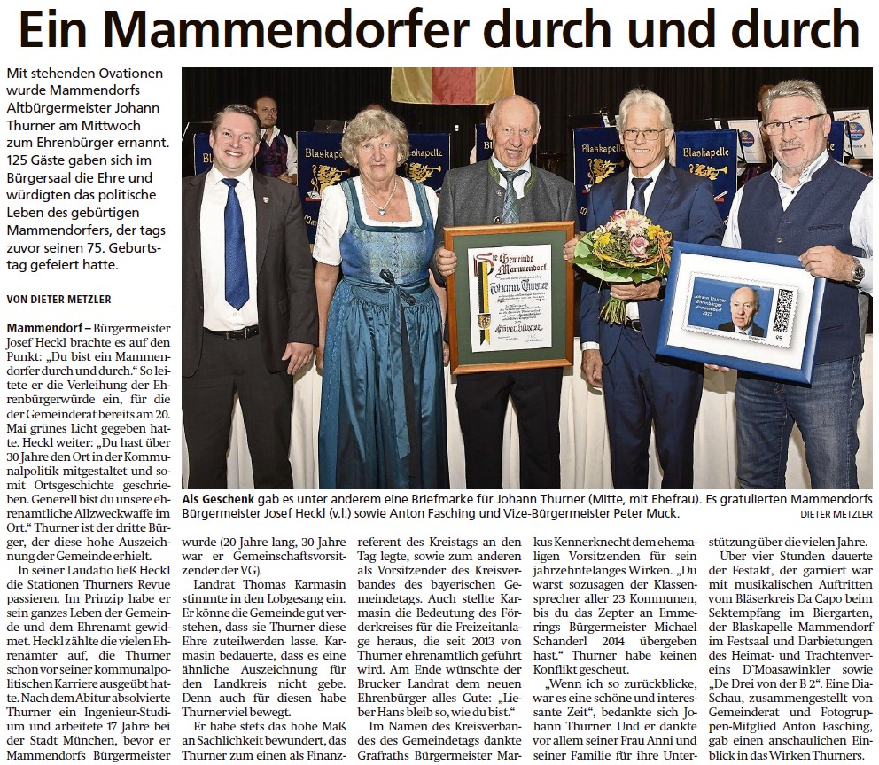 Ernennung Hans Thurner zum Ehrenburger FFB Tagblatt vom 01.08.2025